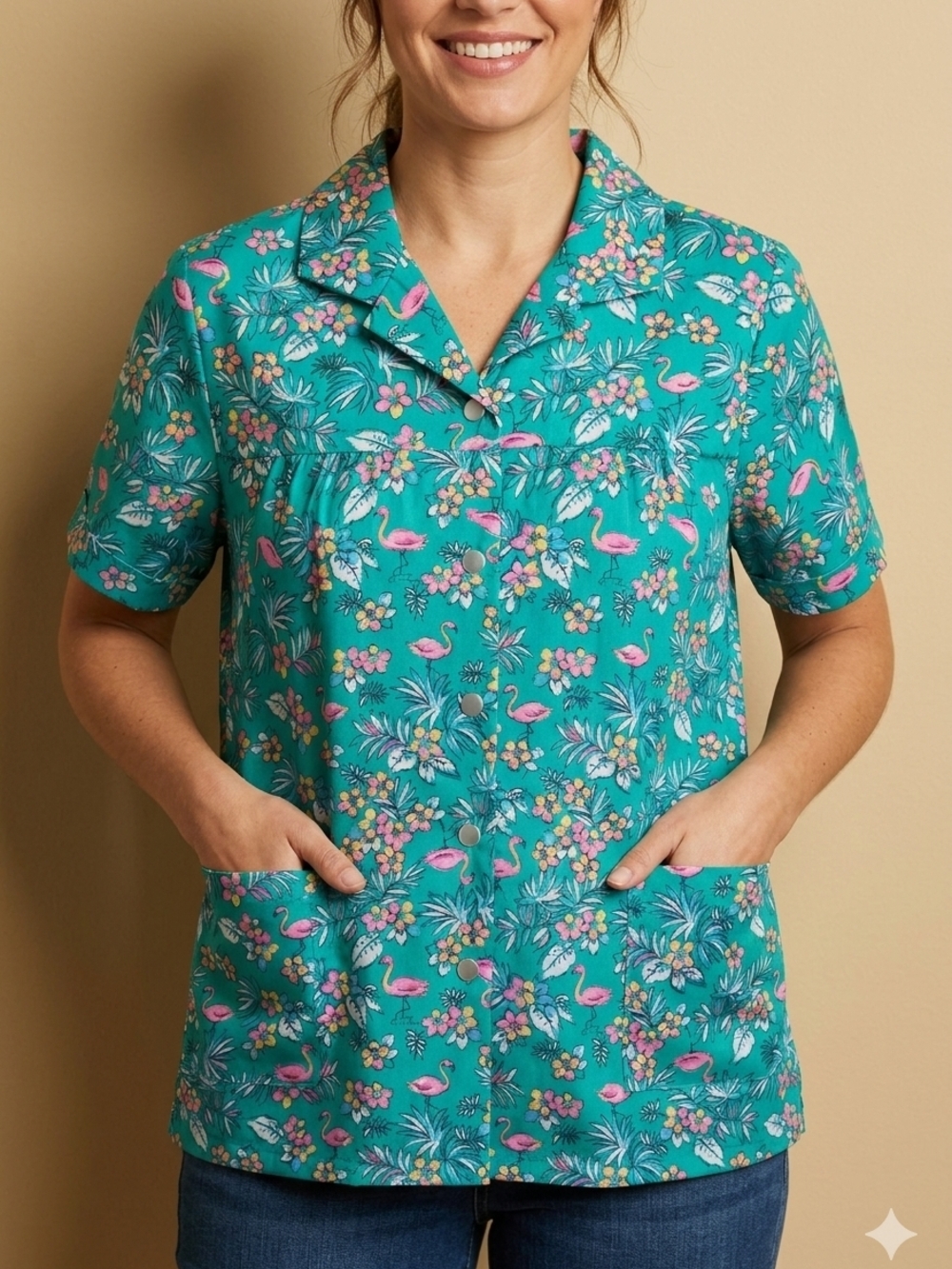 Vintage-Style Anthony Richards Teal Flamingo Tropical Print Short Sleeve Top - M